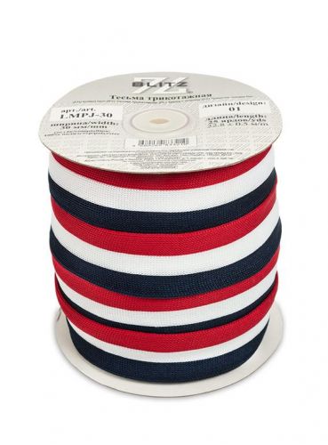 Тесьма декоративная "BLITZ" лампасная 25мм — 01 т.синий/белый/красный в катушке
