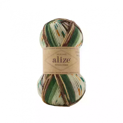 Пряжа Alize "WOOLTIME", 100г/200м 11021, зеленый-бел-коричн
